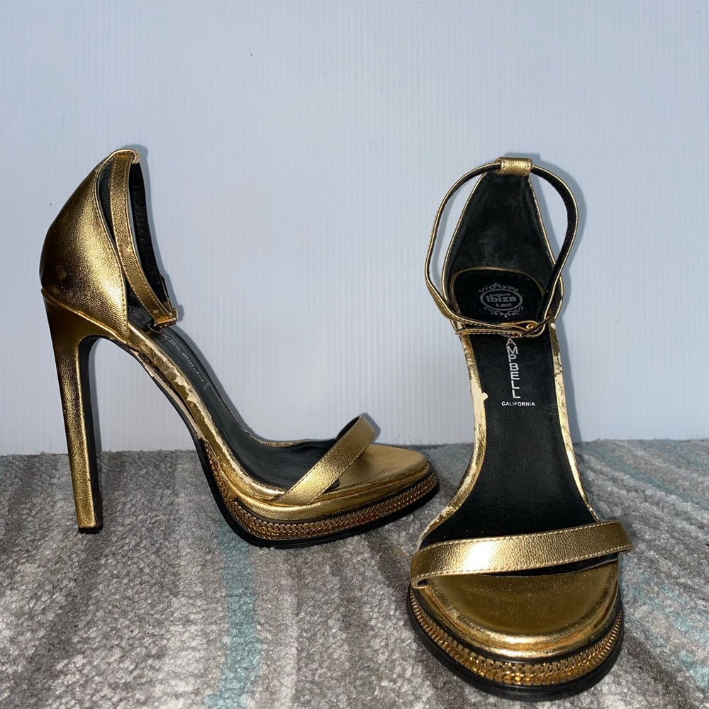 Jeffery Campbell Ibiza gold high heels ankle strap size 7.5